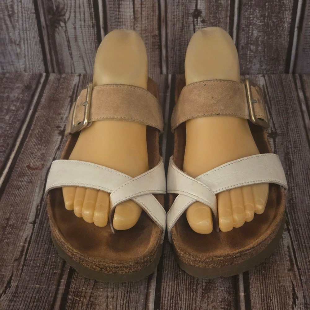 Sz 39 / 8 Naot Fresno Tan White Leather Cork Slide Comfort Sandals VGUC